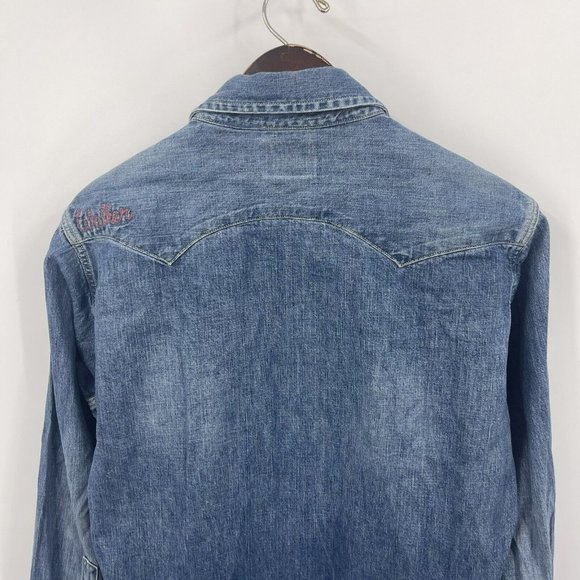 VTG Levi's Big E Sawtooth Short Horn Pearl Snap Button Denim Shirt Sanforized - Picture 10 of 16